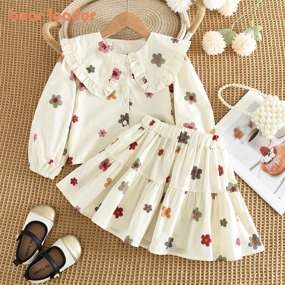 Bera Leader 2025 New Spring and Autum Girls' Set Two Piece Bow Full Print Long Sleeved Doll Neck Top Hundred Pleated Short Skirt