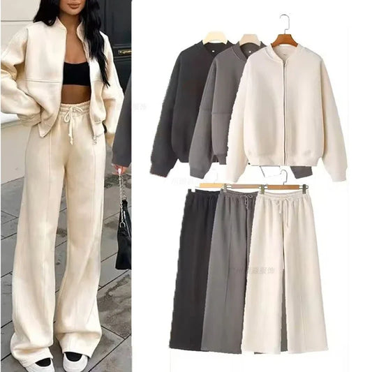 Autumn New Cross-border European and American Velvet Solid Color Zipper Cardigan Sweater Women's Trend Fashion Casual Trousers