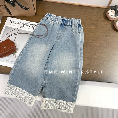 Spring Kids Girls Outfits Slim Knitted Lace Undershirt Tees Blue Ribbed Child Girls Sweater Cardigan Infant Girls Lace Hem Jeans