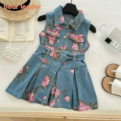 Bear Leader Summer New Korean Version Girls Clothes Lapel and Sleeveless Printed Denim Belt Dress Casual Easter toddler dresses