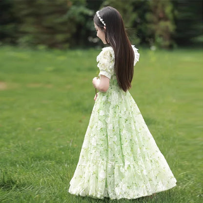 4-12Years Old Girls Summer Dresses Children's Princess Gown Big Kids Short-sleeved Dress Teen Girls Peter Pan Collar Clothing