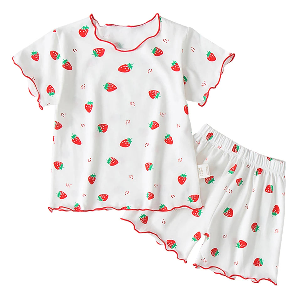 Girls Summer Pajama Sets Stylish Cartoon Pattern Printing Short Sleeve Top and Pants Made from Luxurious Cozy Ice Silk Material