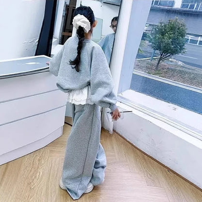 Teen Girls Clothing Set Spring Autumn New Solid Color Bow Sweatshirt+Lace Patchwork Pants 2Pcs Suit For 6-14 Years Girls Outfit