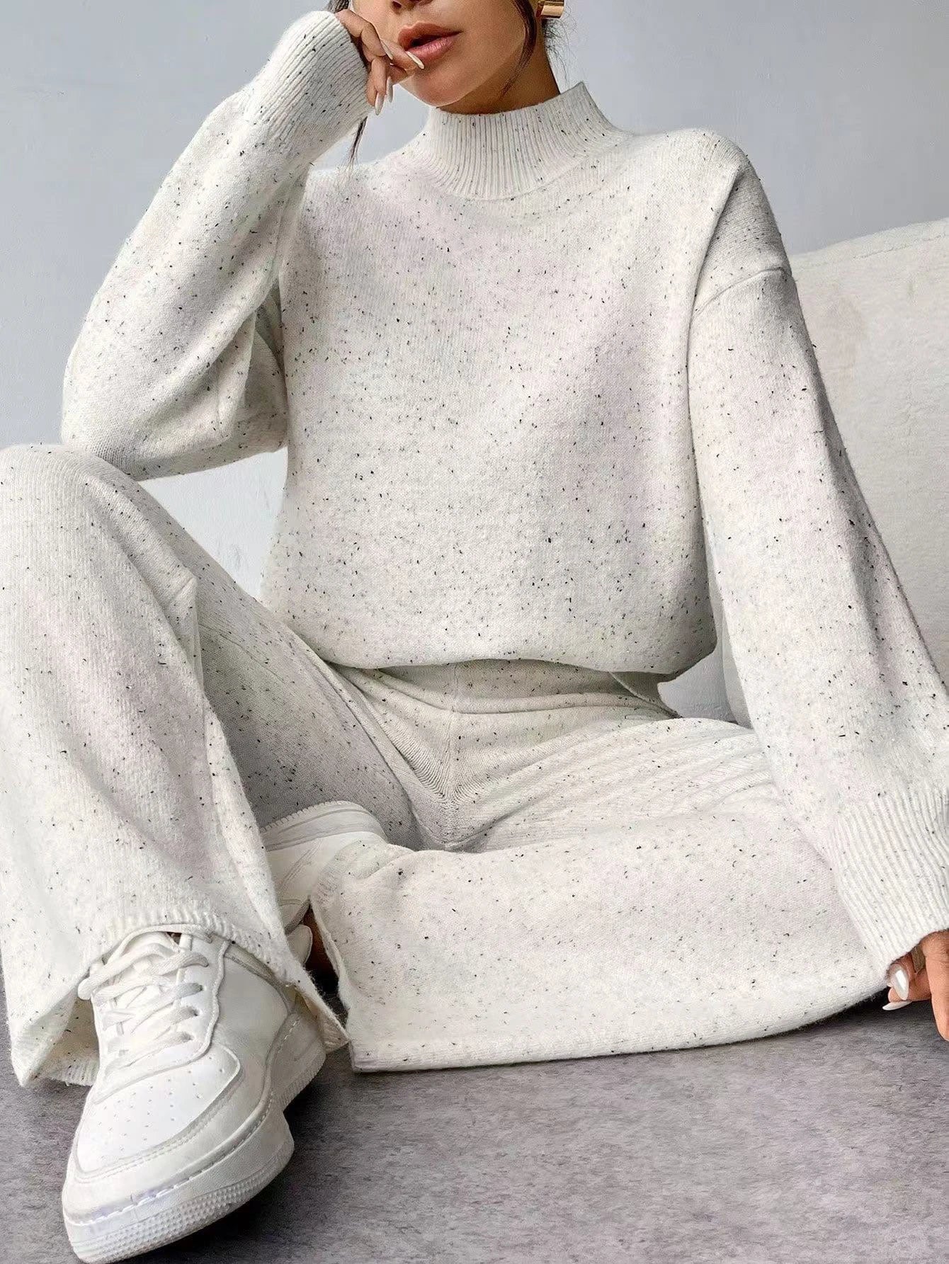Women's White Speckled Knit Turtleneck Sweater And Pants Set Oversized Casual Loungewear Two-Piece Outfit