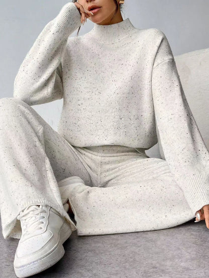 Women's White Speckled Knit Turtleneck Sweater And Pants Set Oversized Casual Loungewear Two-Piece Outfit
