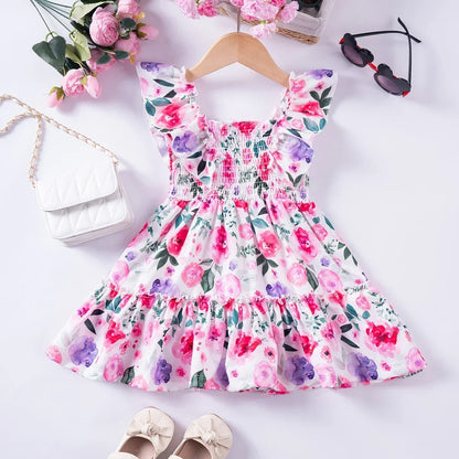 2024 Summer New Kids Dresses for Girls Floral Fly Sleeve Sleeveless Princess Dress Cute Sweet Lovely Fashion Versatile