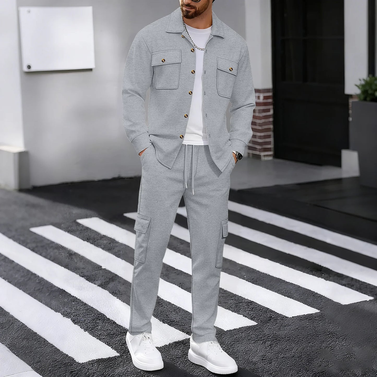 New men's four season outdoor trend casual waffle solid color workwear button pocket lapel jacket workwear pants two-piece set