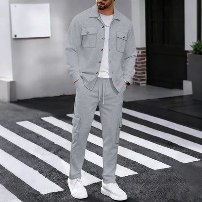 New men's four season outdoor trend casual waffle solid color workwear button pocket lapel jacket workwear pants two-piece set