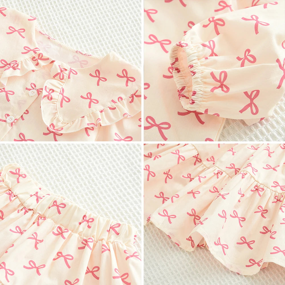 Bera Leader 2025 New Spring and Autum Girls' Set Two Piece Bow Full Print Long Sleeved Doll Neck Top Hundred Pleated Short Skirt