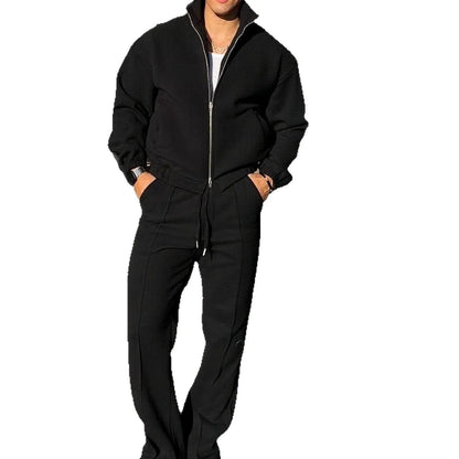 Fall men's fashionable sporty casual suit - high-quality stand-up collar solid-color pullover with zipper, drawstring pants