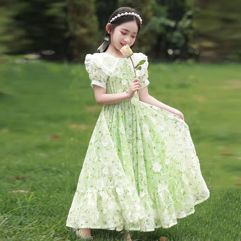 4-12Years Old Girls Summer Dresses Children's Princess Gown Big Kids Short-sleeved Dress Teen Girls Peter Pan Collar Clothing