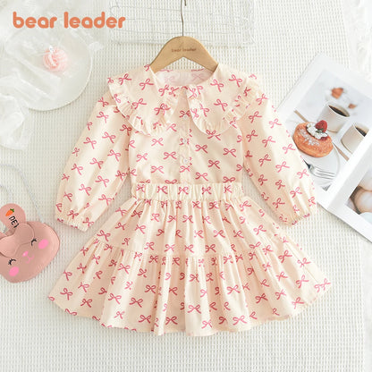 Bera Leader 2025 New Spring and Autum Girls' Set Two Piece Bow Full Print Long Sleeved Doll Neck Top Hundred Pleated Short Skirt