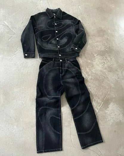Men's Embroidered Denim Set - Retro Striped Two-Piece