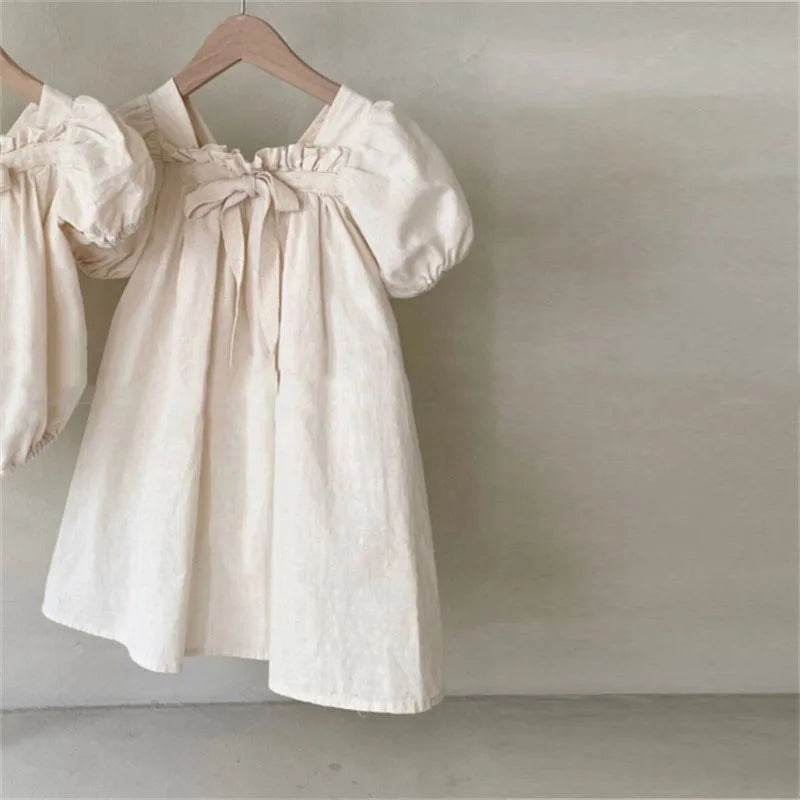 Dresses Korean version of new summer dress girls' baby bow bubble sleeve sweet floral square neck dress