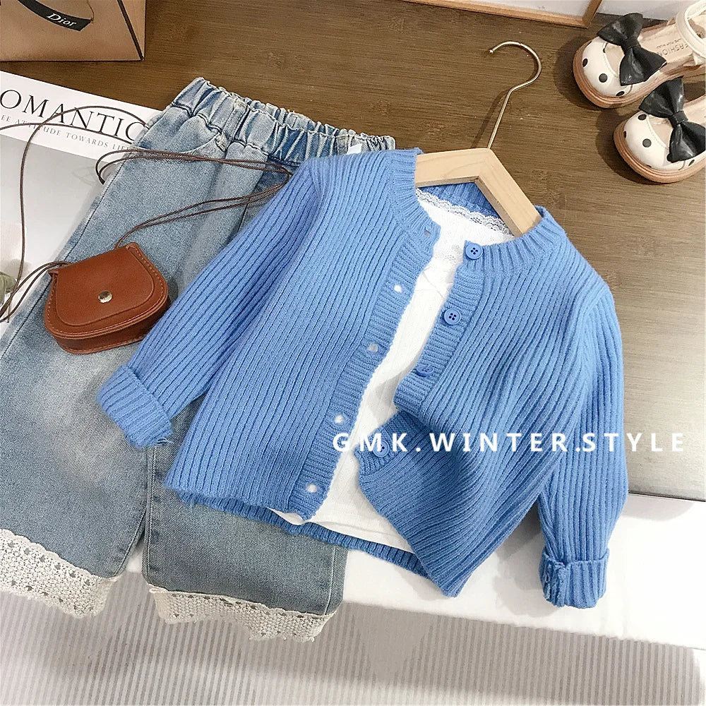 Spring Kids Girls Outfits Slim Knitted Lace Undershirt Tees Blue Ribbed Child Girls Sweater Cardigan Infant Girls Lace Hem Jeans