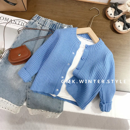 Spring Kids Girls Outfits Slim Knitted Lace Undershirt Tees Blue Ribbed Child Girls Sweater Cardigan Infant Girls Lace Hem Jeans