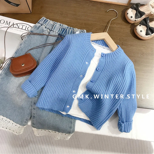 Spring Kids Girls Outfits Slim Knitted Lace Undershirt Tees Blue Ribbed Child Girls Sweater Cardigan Infant Girls Lace Hem Jeans