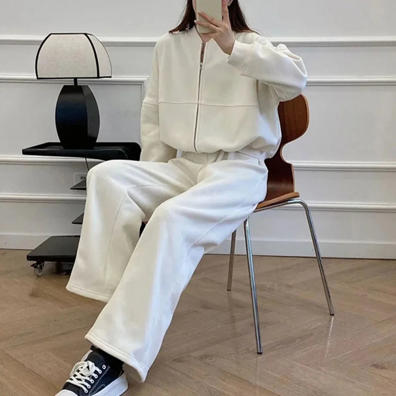 Autumn New Cross-border European and American Velvet Solid Color Zipper Cardigan Sweater Women's Trend Fashion Casual Trousers