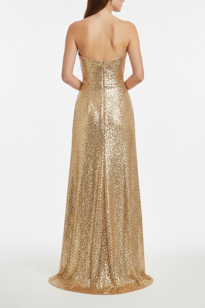 Gold sequin maxi dress back view with zipper