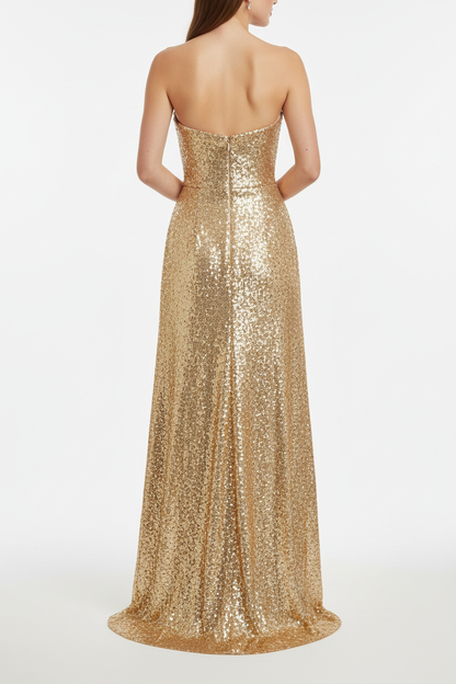 Gold sequin maxi dress back view with zipper