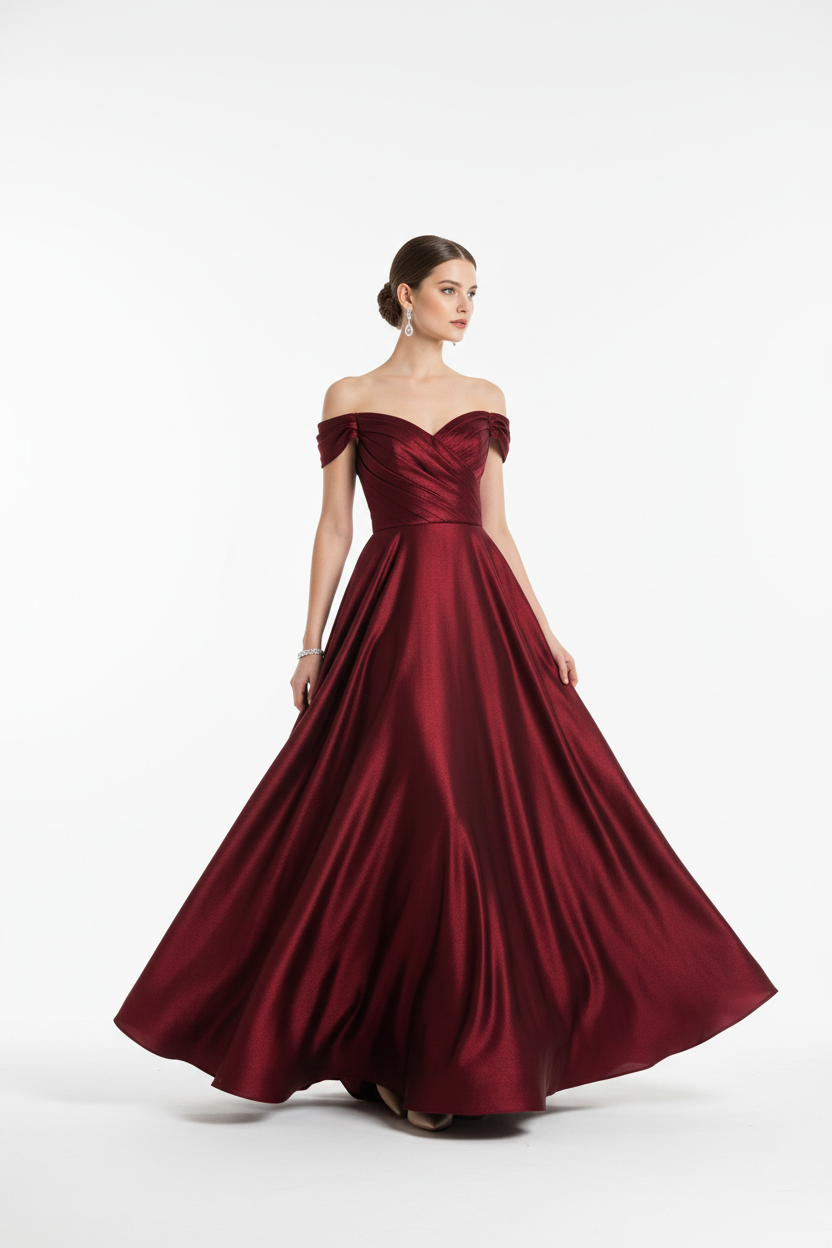 Burgundy evening gown off-shoulder